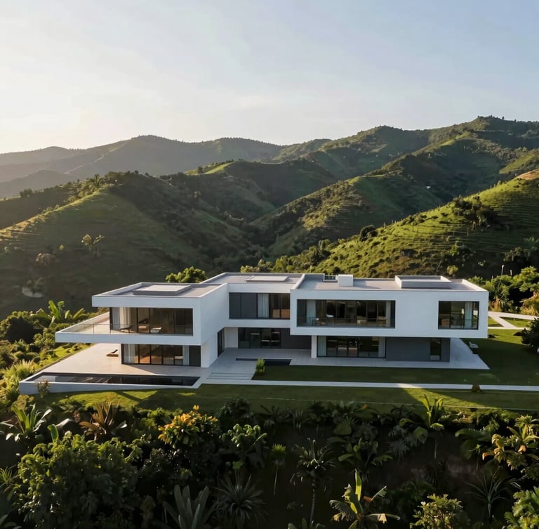 Wide-angle aerial view of an expansive modern villa nestled in lush green hills, straight vertical lines, clean architectural geometry, late afternoon sun casting long elegant shadows.