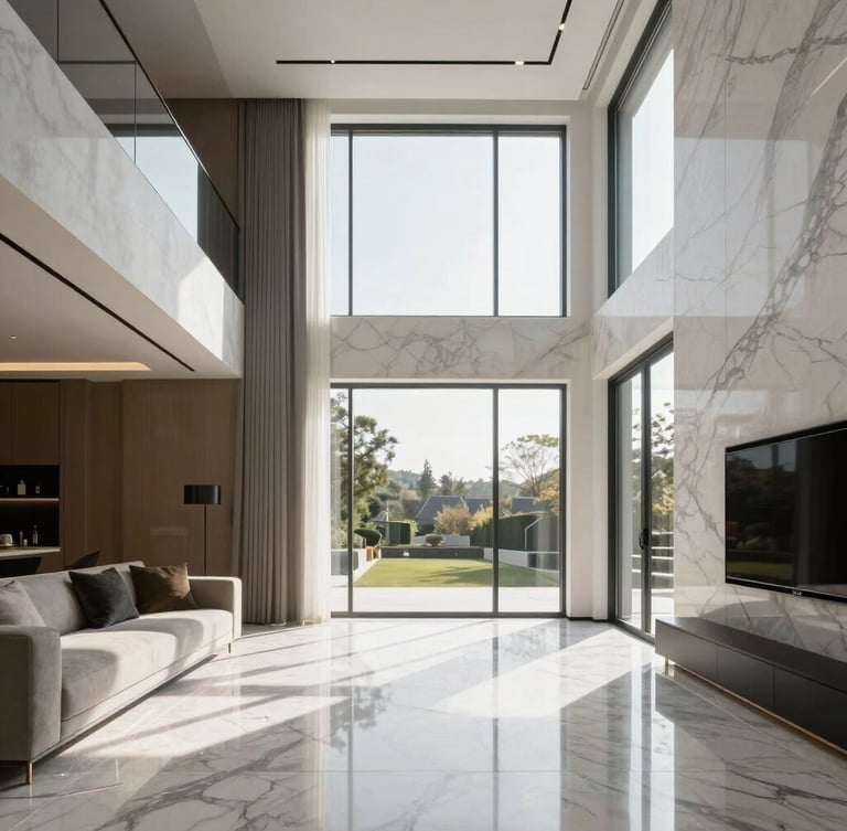 Strict one-point perspective of a luxury modern living room, natural diffused daylight streaming through floor-to-ceiling windows, highlighting clean architectural lines and marble vein alignment.