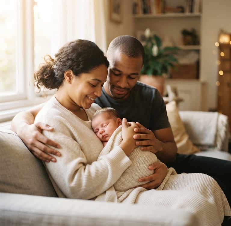 A warm editorial photograph of a diverse couple tenderly holding a newborn baby wrapped in a soft blanket, bathed in warm natural window light, gentle golden tones, shallow depth of field, authentic human connection, negative space on the right.
