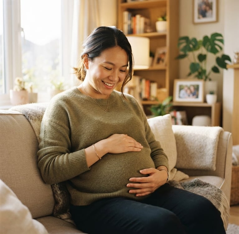 一位面带微笑的亚洲女性代孕妈妈,在阳光明媚的客厅里轻抚着自己的腹部,背景是温馨的家庭环境,光线柔和,充满希望。