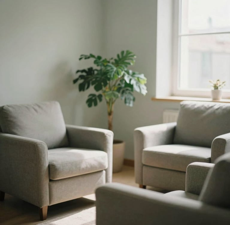 Warm and welcoming therapy room in Cordoba, soft diffused daylight through a window, comfortable armchairs, a green plant, peaceful and professional atmosphere, shallow depth of field, 35mm