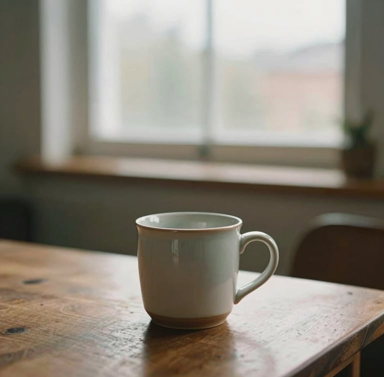 A warm, quiet therapist's workspace with soft overcast daylight filtering through a window, a ceramic mug on a wooden table, shallow depth of field, 35mm
