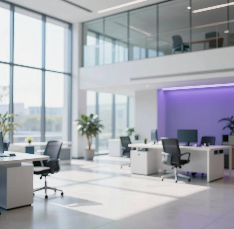 A bright, clean corporate office lobby with glass walls, soft natural daylight, minimalist modern furniture, subtle blue and purple lighting accents, professional and trustworthy atmosphere.