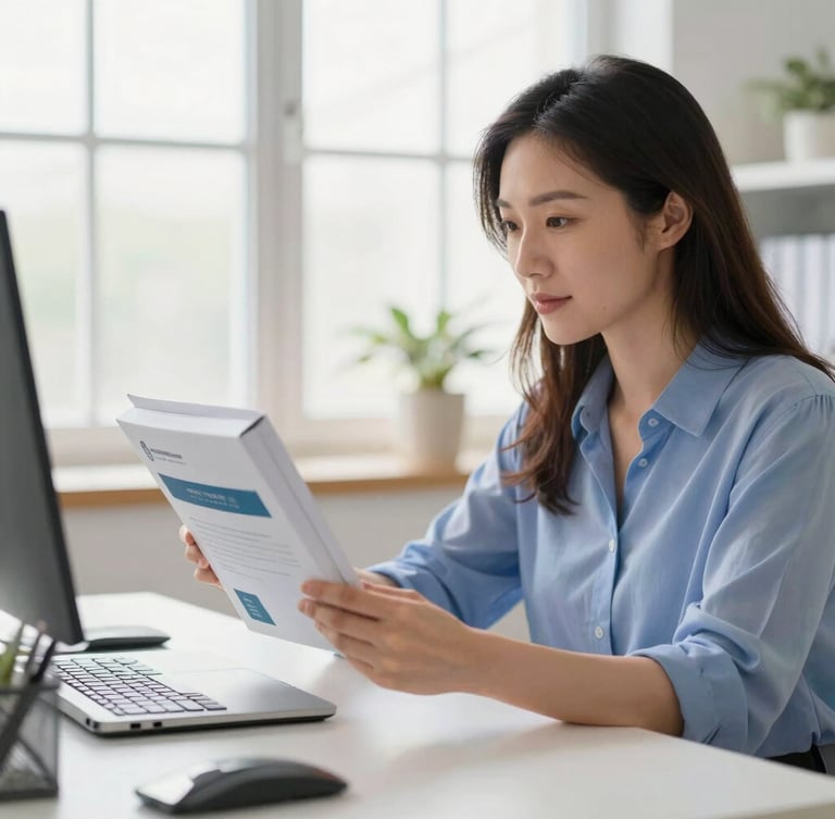A professional in a bright, daylight-filled home office reviewing a sleek product package, natural lighting, calm authentic expression, shallow depth of field