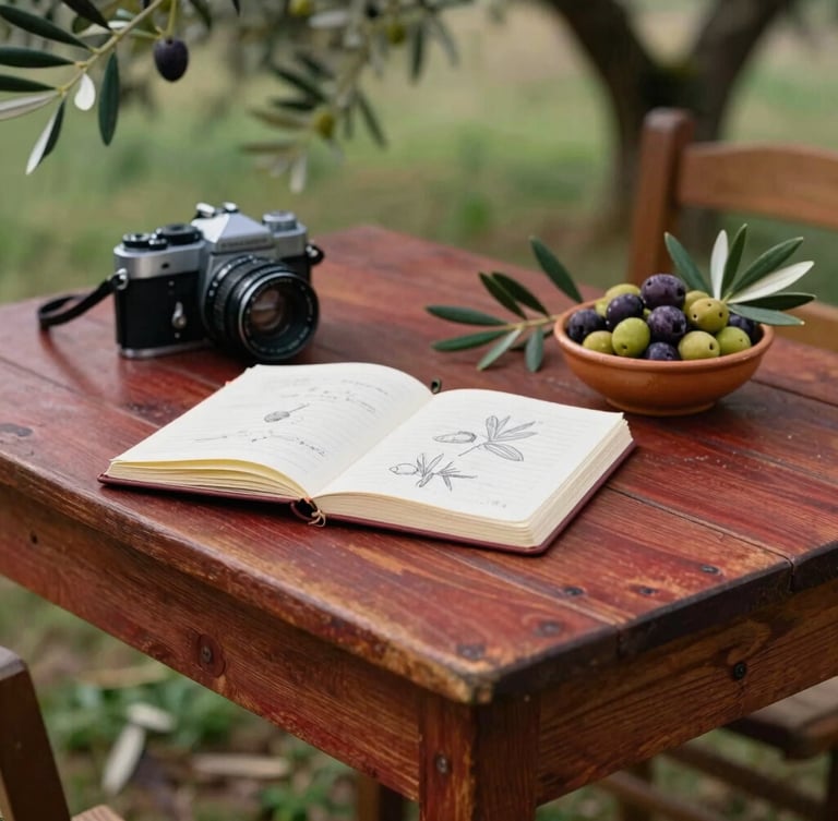 A rustic wooden table in a Greek olive grove, an open notebook with sketches, a vintage camera, and freshly harvested olives in a ceramic bowl, soft side-lighting.