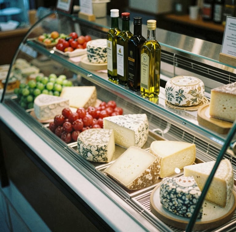 Overhead shot of a beautifully arranged modern deli counter in Athens, natural side-light, rich olive oil bottles and artisanal cheeses, 35mm film.