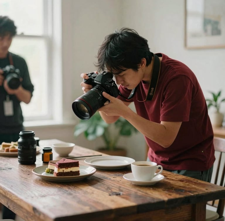 An agency photographer holding a camera, carefully adjusting the angle over a beautifully styled rustic table, soft window light, behind-the-scenes, 35mm film