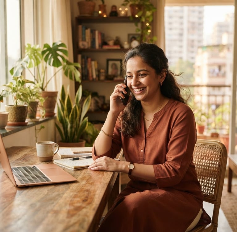A warm, natural photograph of a Mumbai woman entrepreneur working from her bright, sunlit apartment living room, holding a smartphone and smiling, soft window light, editorial photography style.