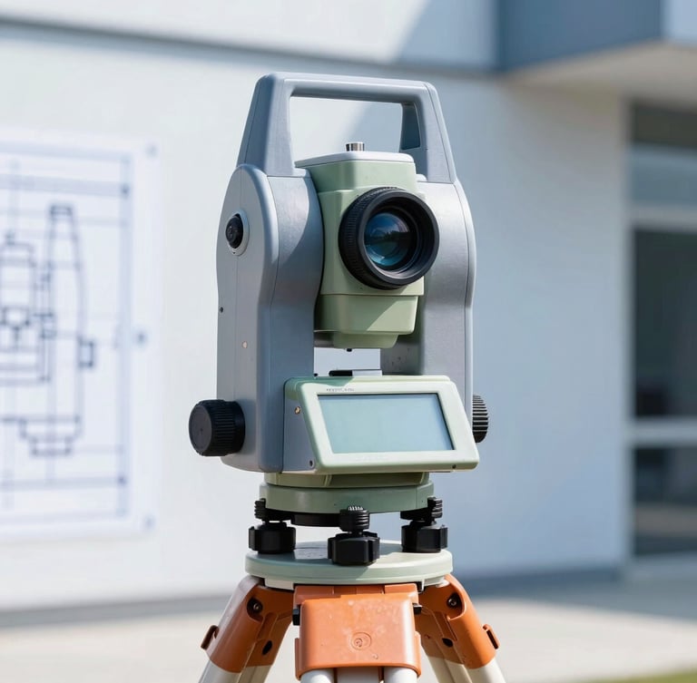 Close-up of a high-precision total station surveying instrument on a tripod, bright natural daylight, sharp focus on the digital screen, engineering blueprint lines faintly visible in the background, cool blue tones, 35mm
