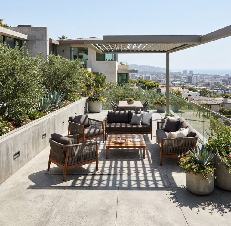 Wide environmental shot of curated high-end outdoor furniture on a concrete architectural terrace, bright natural midday sun with sharp shadows, 35mm lens
