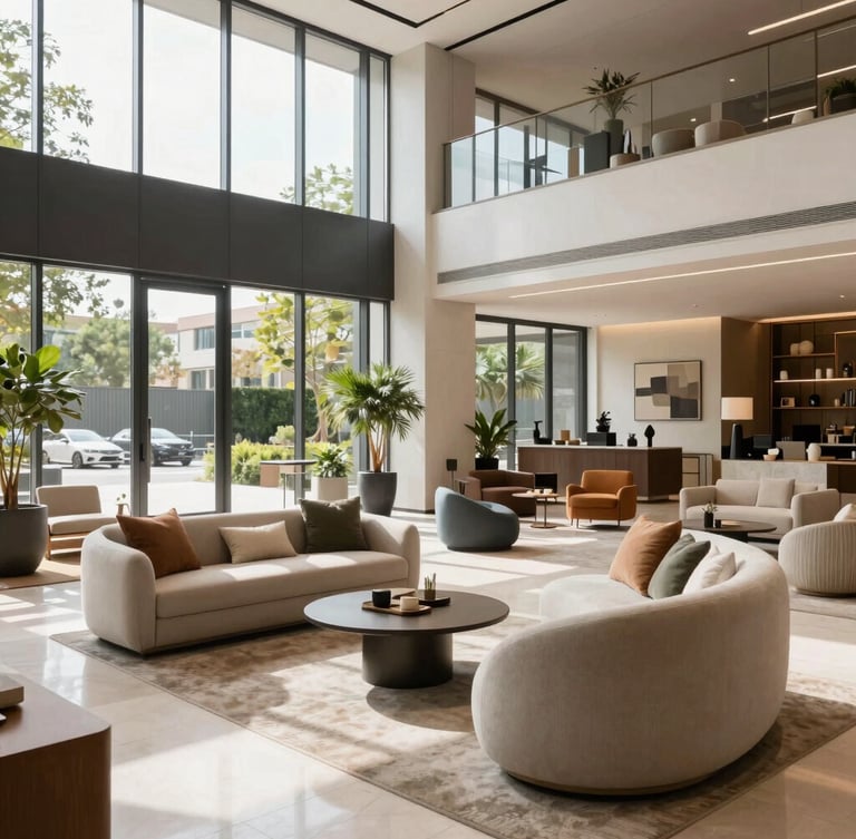 Wide environmental shot of a modern luxury apartment lobby furnished with curated outdoor goods and large-scale architectural furniture, bright natural daylight, 35mm lens