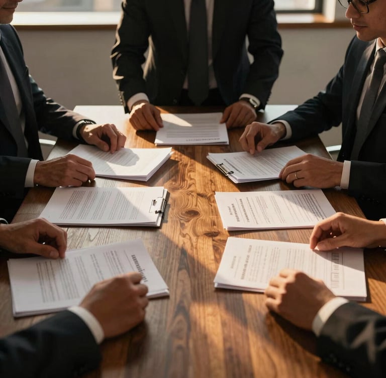 A collaborative business meeting in a warm-toned modern office, hands arranging structured documents on a dark wooden table, golden hour light, sharp geometric composition