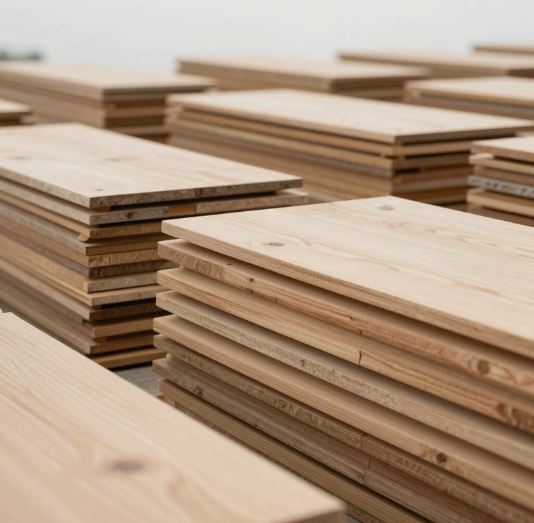 Neatly stacked premium timber and natural stone slabs in an organized architectural yard, soft overcast British daylight, 35mm