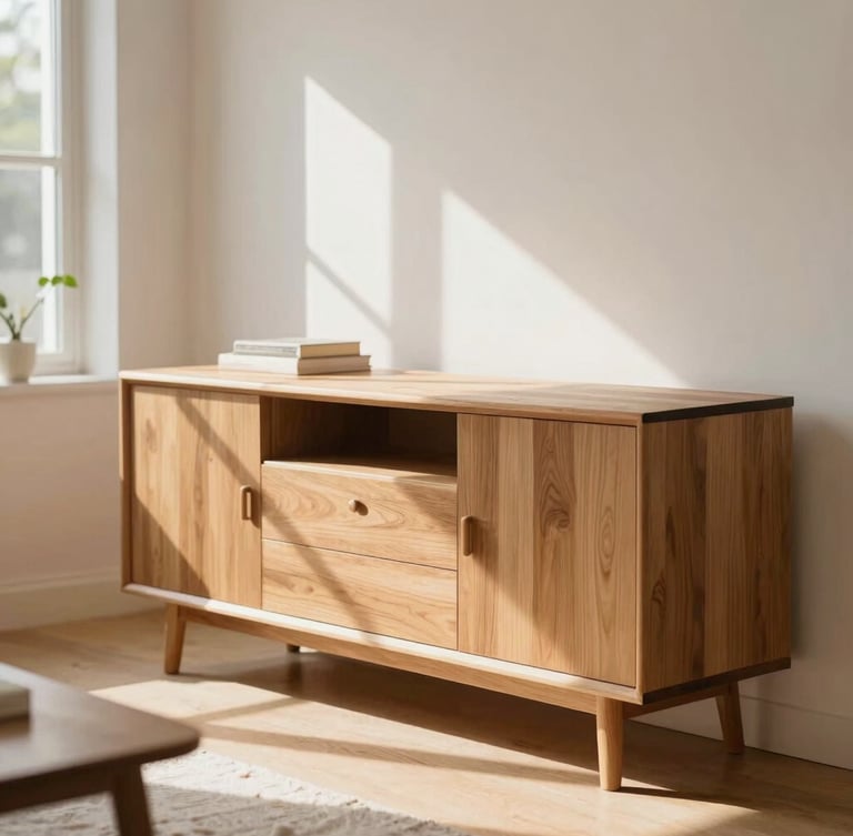 Warm editorial photography of a light, airy modern living room, a solid-timber credenza catching bright natural daylight, 35mm shallow depth of field