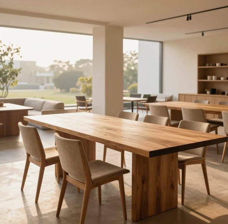 Bright natural daylight sweeping across a spacious architectural showroom in New Delhi, featuring massive solid-timber dining tables and structured lounge chairs, soft golden-hour highlights, warm editorial photography style