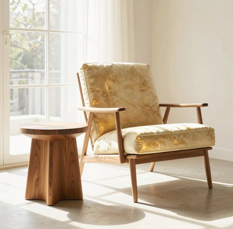 Vertical portrait of a modern minimalist living room, a champagne-gold accented lounge chair beside a solid walnut side table, bright natural daylight, warm editorial photography
