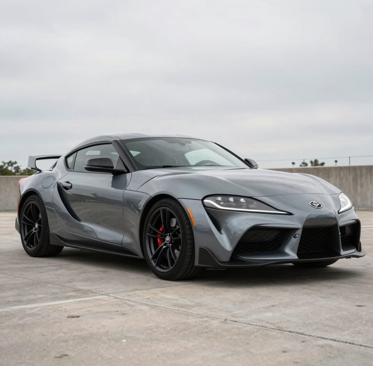 A clean, dark metallic grey sports car parked at a 3/4 angle in soft overcast Texas daylight, neutral concrete background, high-contrast reflections on the body panels.
