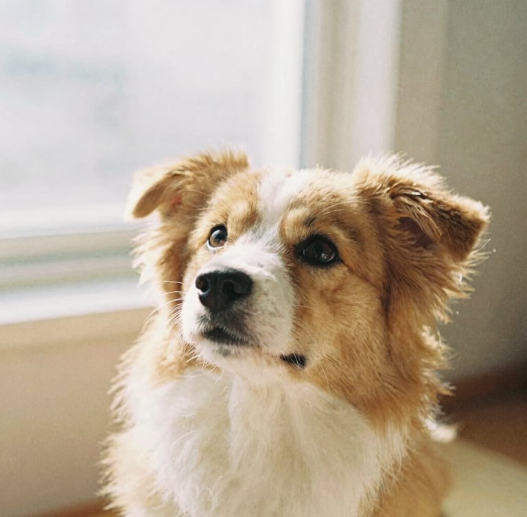 Close-up of a cute, fluffy brown and white dog looking up with hopeful eyes in soft morning window light, warm tones, 35mm film aesthetic