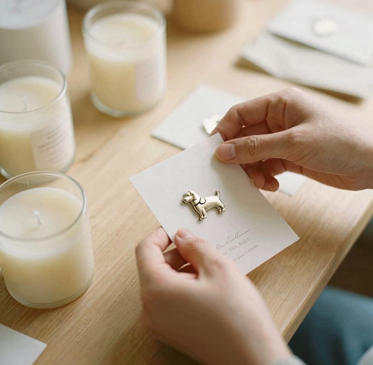 Hands carefully packaging hand-poured soy candles and metallic dog-themed pins on a wooden workshop table, warm golden hour light