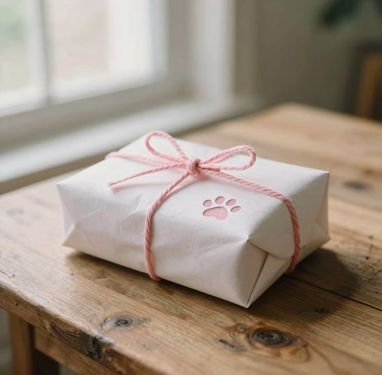 A beautifully wrapped artisanal package with a pink twine bow and a hand-stamped dog paw print, sitting on a rustic wooden table illuminated by soft morning window light.