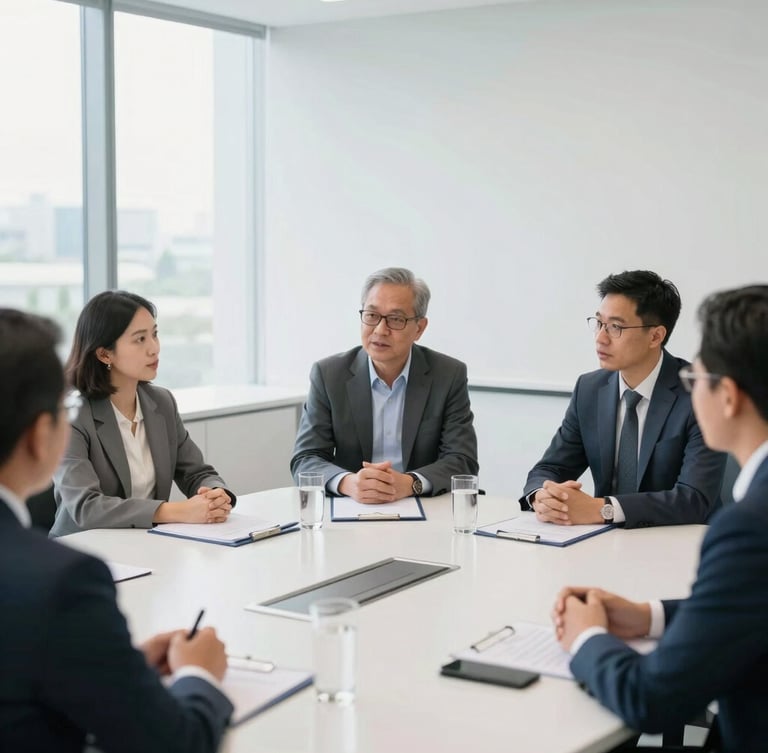 Professional corporate roundtable discussion in Jababeka, bright indoor daylight, clean minimalist boardroom setting, engaged HR leaders speaking, 35mm lens