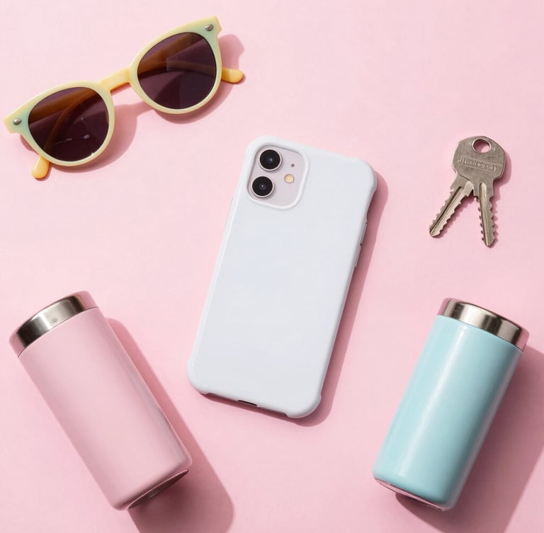 Direct overhead flat-lay of custom phone cases and tumblers on a bright candy-pink backdrop, styled with colorful sunglasses and keys, high-key studio lighting, soft colorful shadows