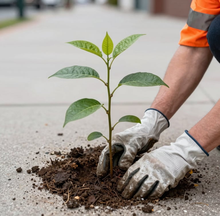 Close-up of hands in heavy-duty gloves planting a sapling in an urban sidewalk cutout, overcast daylight, safety orange details, 35mm documentary style