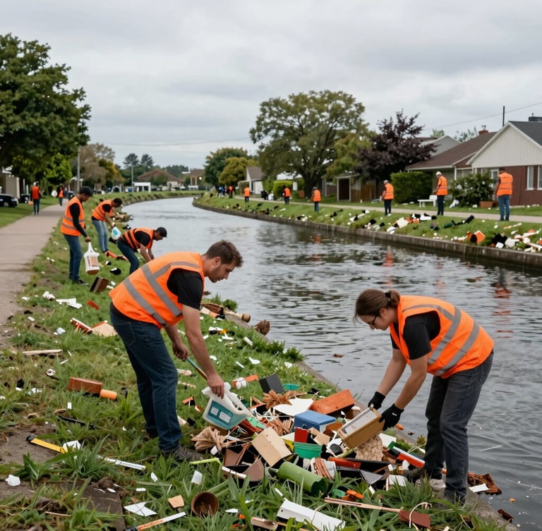 Wide environmental shot of volunteers clearing debris from an urban canal, crisp overcast daylight, safety orange vests, 35mm documentary photography style