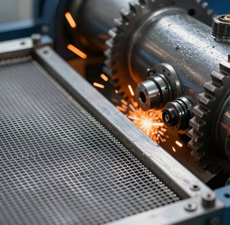 Close-up of industrial filtration mesh and heavy-duty mechanical gears, cool metallic tones with dramatic orange sparks in the background, sharp focus, 35mm lens