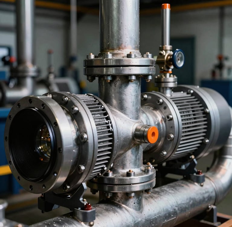 A high-pressure industrial pump manifold, clean metallic surfaces, sharp technical details, high-contrast dramatic lighting, 35mm lens