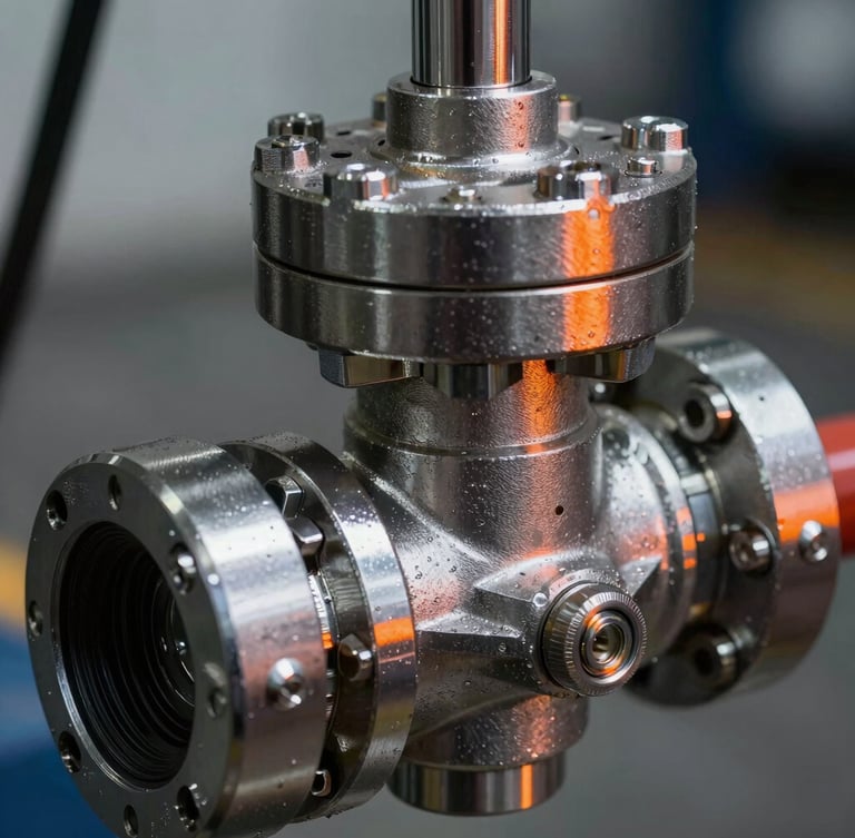 Macro close-up of a heavy-duty API-certified drilling valve, metallic reflections with sharp orange highlights, high-contrast industrial lighting, 35mm lens