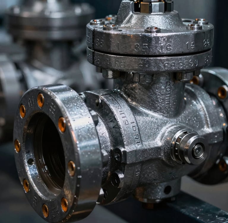Macro close-up of heavy steel industrial valves with certified serial numbers stamped into the metal, sharp metallic reflections, dramatic high-contrast lighting, cool tones