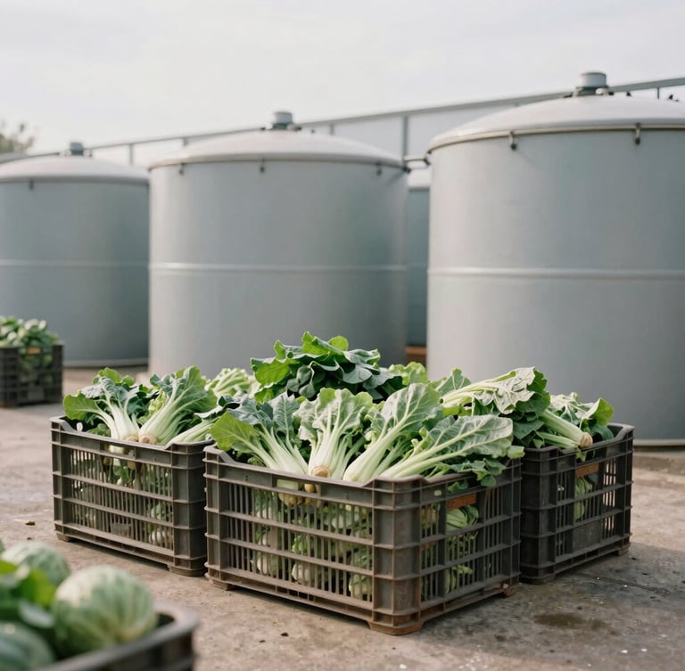 A regional community cold-storage facility with crates of fresh green vegetables, soft natural daylight, documentary photography.