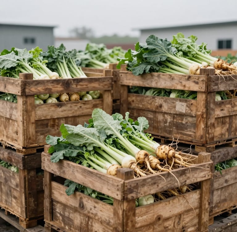 documentary editorial photography of fresh green vegetables and root crops in rustic wooden crates, stacked outside a community-run cold storage facility, soft overcast morning light, muted earth tones, 35mm lens