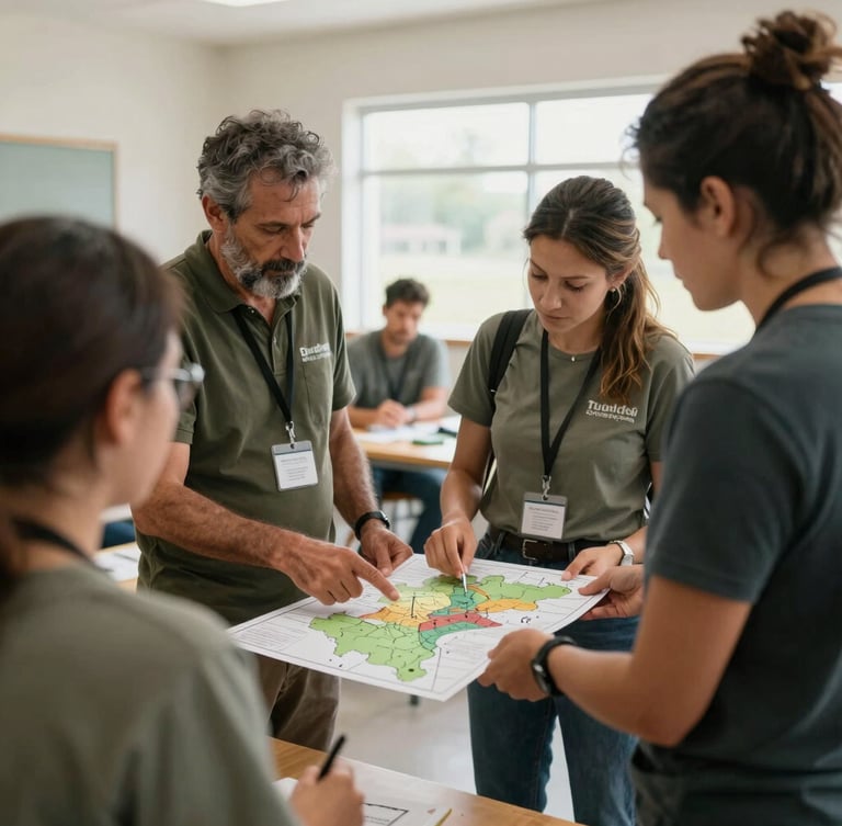environmental documentary editorial photography of a collaborative workshop inside a bright community center, a farmer and a local organizer reviewing a regional distribution map, soft natural daylight, authentic textures, 35mm lens