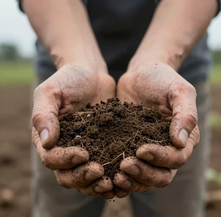 Close-up of rich regenerative farm soil held in weathered hands, soft overcast morning light, authentic textures, documentary editorial style, 35mm lens