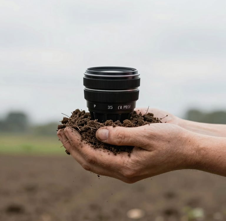 Regenerative farm soil held in soil-stained hands under overcast natural daylight, documentary editorial style, 35mm lens