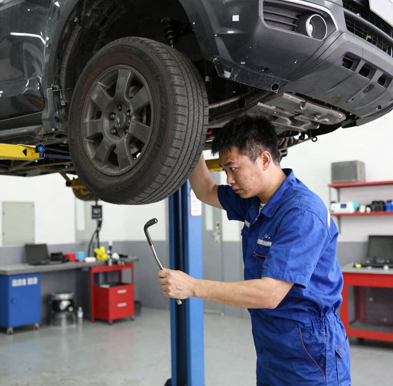 Straight-on eye-level view of a clean, modern auto workshop bay with LED lighting, a car raised on a lift, and a mechanic focused on inspecting the braking system.