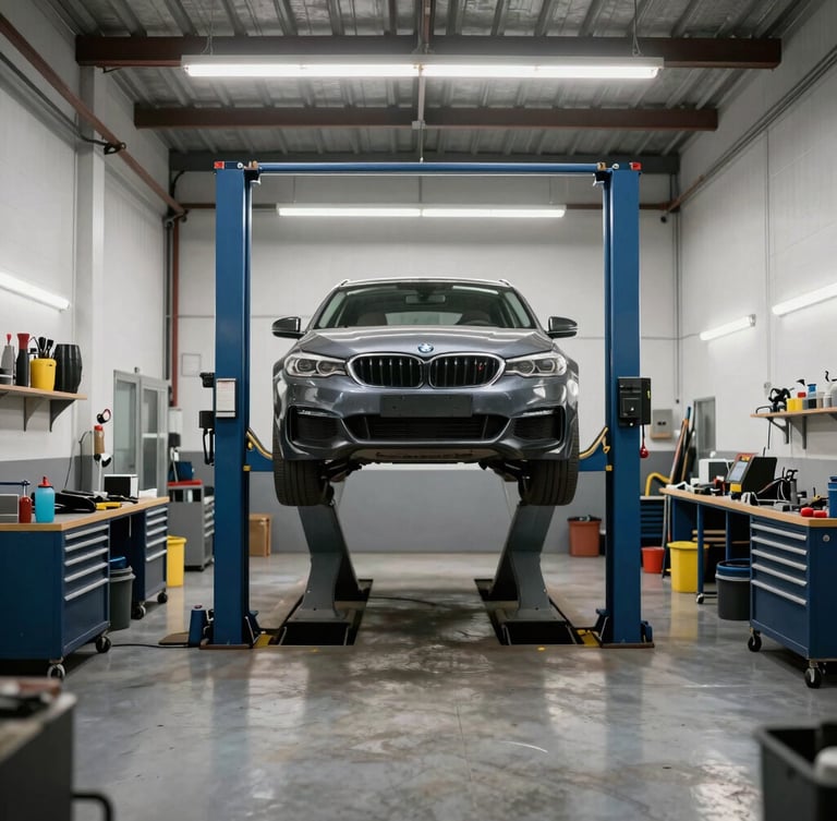 Straight-on eye-level shot of a clean, modern workshop bay with a car on a hydraulic lift, bright LED lighting, organized tool racks, no people.