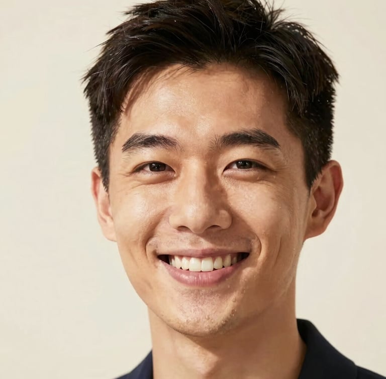 A close-up, warm-toned friendly headshot of Alex Chen, a growth marketer with a welcoming smile, shot in natural bright daylight with a soft cream background.