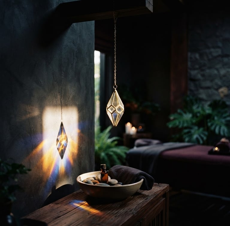 Dark luxury editorial photography of a modern wellness sanctuary in Chiang Mai, a soft golden light beam refracting through a glass prism, shallow depth of field, 35mm.