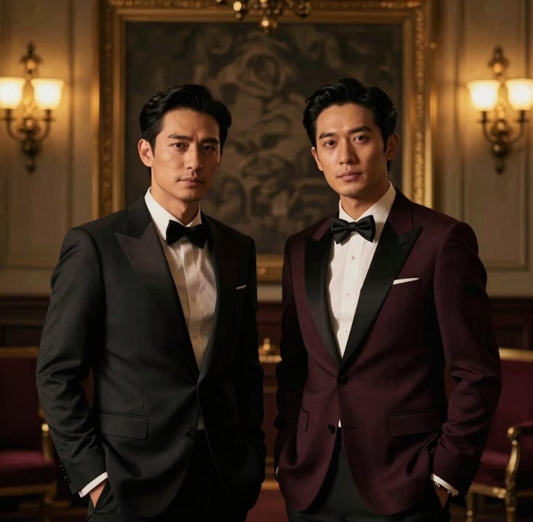 Low-key portrait of two refined gentlemen in a dimly lit, high-end sanctuary room, warm golden ambient glow, premium graphite background, elegant and respectful atmosphere.