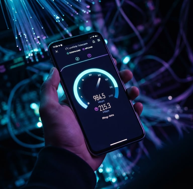 Smartphone with Unilink Telecom app interface on screen, glowing neon blue and purple accents, high-speed fiber optic background, dark mode aesthetic, shallow depth of field, screen displaying a speed test result.