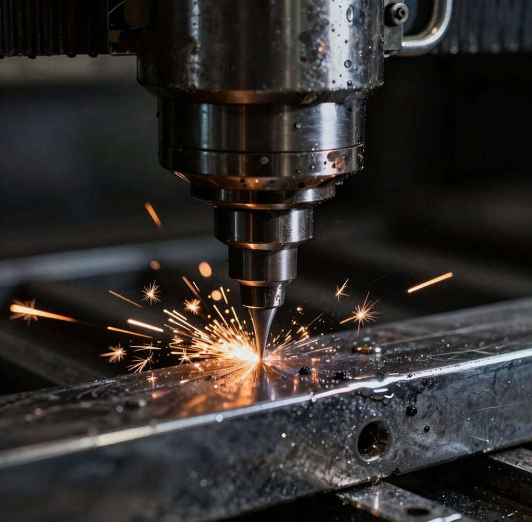 Macro close-up of a multi-axis CNC milling head cutting raw steel with precision coolant spray, dramatic low-key workshop lighting, amber sparks, sharp metallic textures