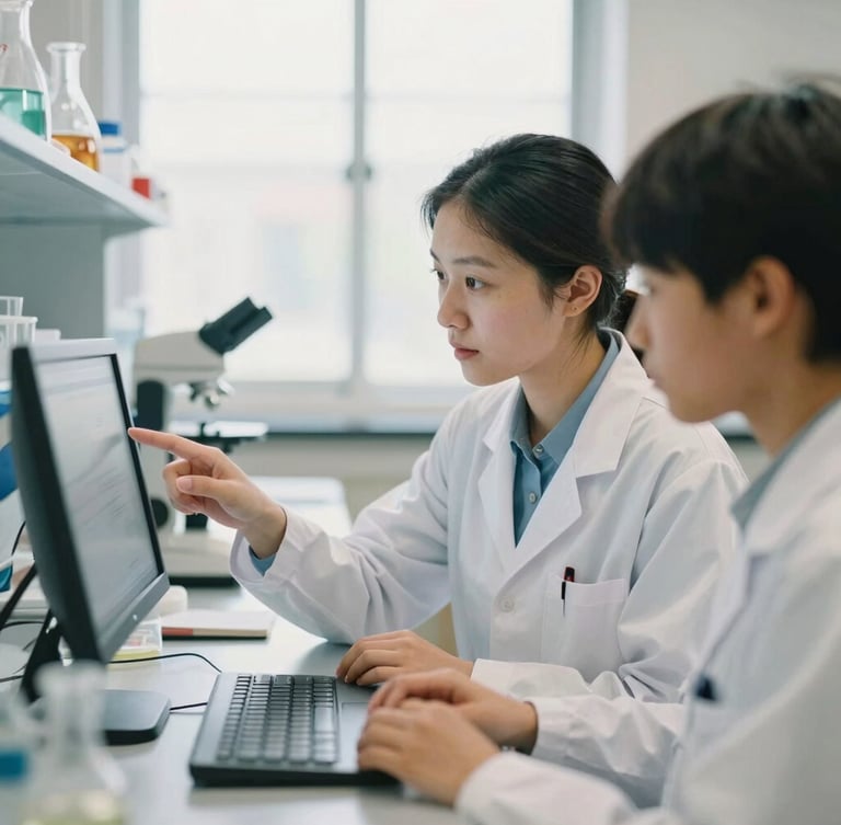 An environmental portrait of a female researcher in a bright STEM laboratory, guiding a student through a digital interface, soft natural daylight, shallow depth of field, warm editorial tones
