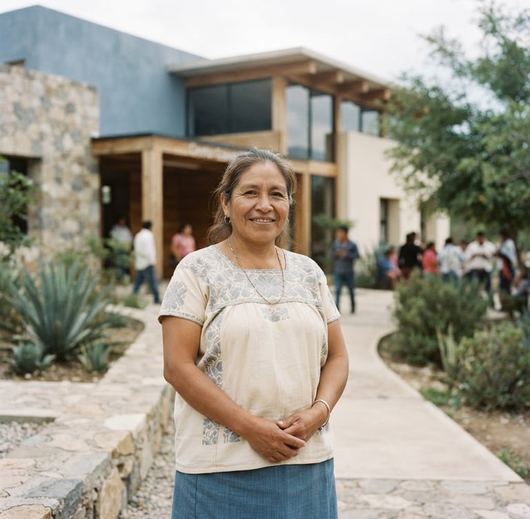 A medium-wide environmental portrait of a local community leader in warm overcast daylight, standing outside a newly constructed educational center, muted blue tones, 35mm lens, documentary style.