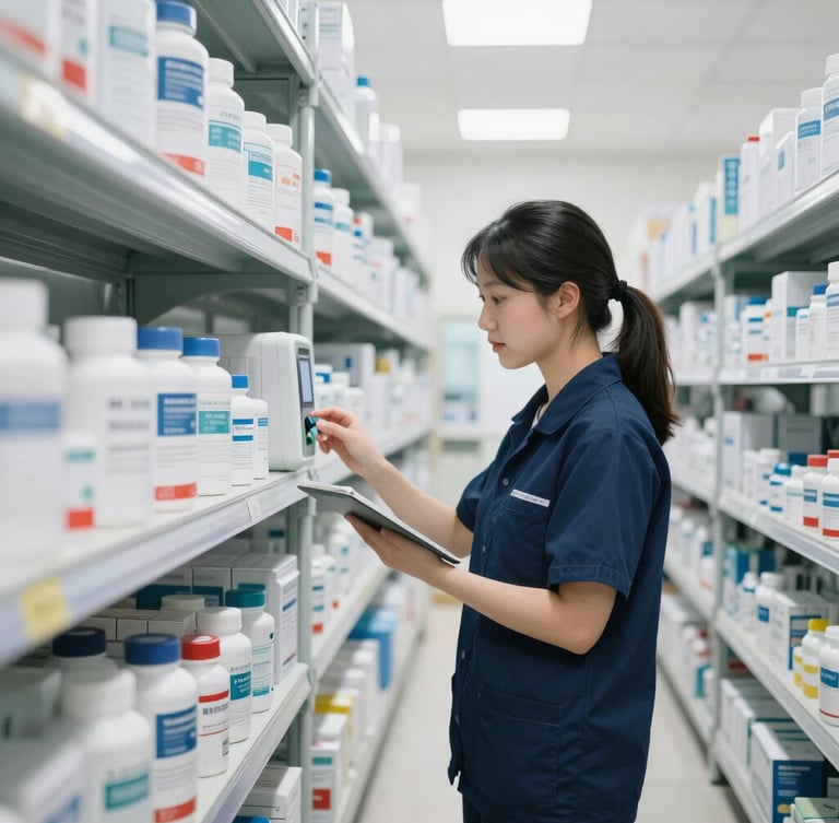 Organized pharmaceutical warehouse with strict temperature controls, professional logistics worker checking inventory, bright clinical daylight, crisp focus