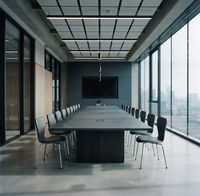 Wide shot of a modern, empty boardroom with sharp architectural lines, cool diffused daylight, desaturated blue and slate tones, sharp focus, 35mm.