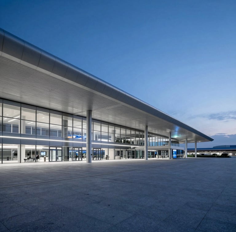 Sleek wide-angle conceptual shot of modern airport terminal architecture at twilight, glowing blue and silver tones, clean lines, negative space