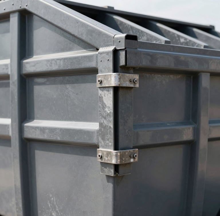 Close-up of a reinforced steel hinge on a clean charcoal gray roll-off dumpster, sharp industrial photography, bright morning daylight, high contrast desaturated tones